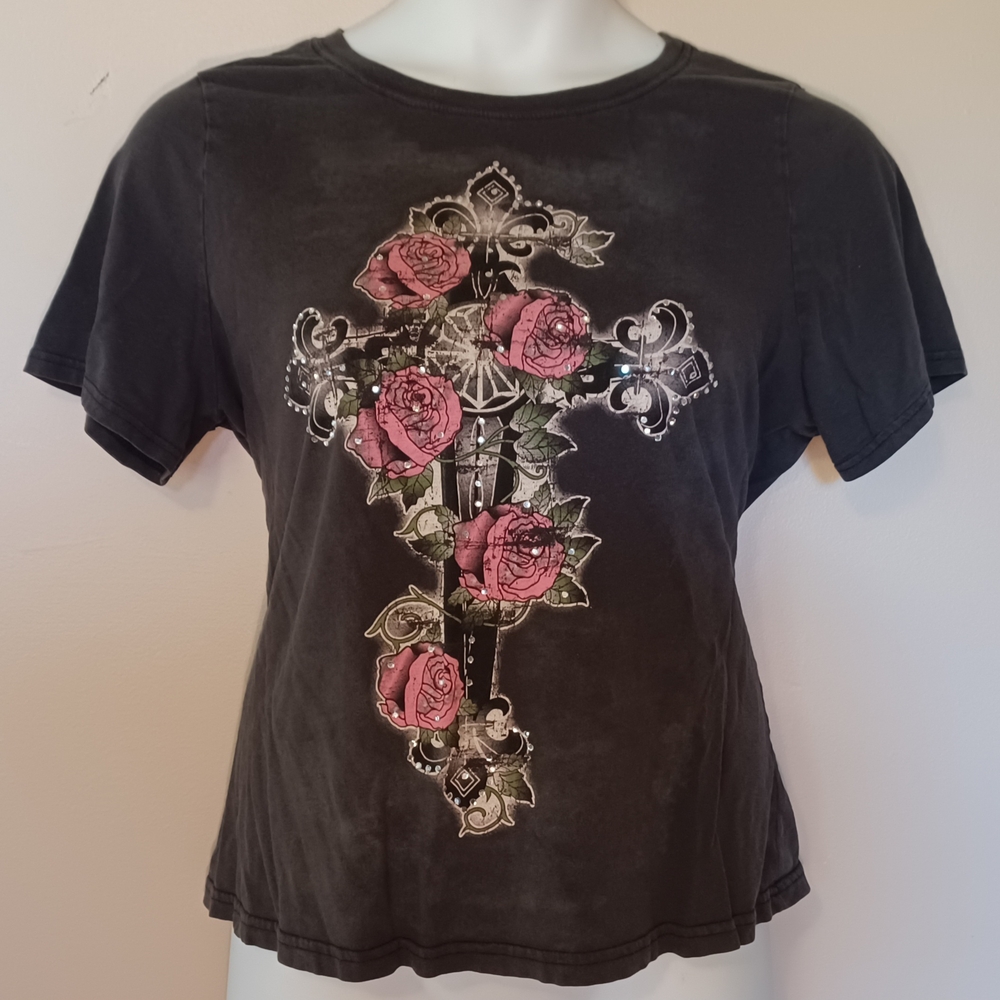 Mixit Black Tee with Pink Floral Graphic